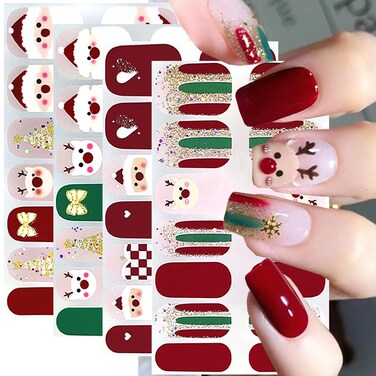 Christmas Nail Polish Strips Xmas Gel Nail Stickers Winter Nail Wraps Stickers Self-Adhesive Cute Reindeer Glitter Nail Art Design Decals Christmas Holiday Full Cover Sticker for DIY Manicure