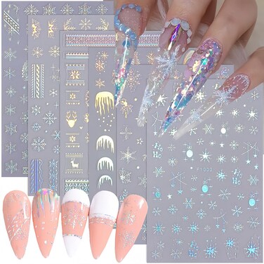 Christmas Nail Stickers 6 Sheets Snowflake Nail Art Stickers Laser Silver Snowflake Elk Design Nail Decals Winter Snowflake Nail Supplies Xmas 3D Self-Adhesive Decals for Women DIY Acrylic Decoration