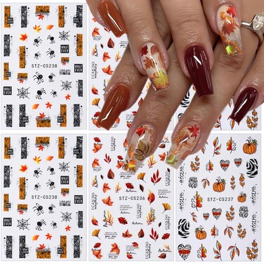 Fall Nail Stickers for Nail Art, Maple Leaf Nail Decals Self-Adhesive Pumpkin Spider Maple Leaves Nail Art Design Sticker Thanksgiving Nail Sticker Acrylic DIY Manicure Decoration for Women 6 Sheets