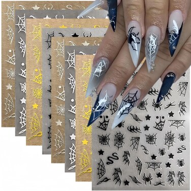 Spider Web &amp; Snake Nail Art Stickers - Halloween Decals, Black &amp; White, Gold &amp; Silver, Self-Adhesive, 8Pcs