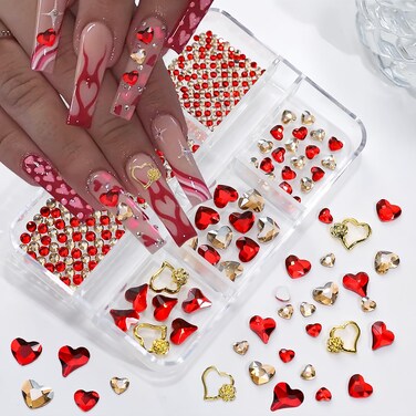 767Pcs Heart Nail Charms Valentines Day Nail Charms for Acrylic Nails 3D Shiny Alloy Red Heart Love Nail Rhinestones Flatback Round Heart Nail Gems Nail Art Designs for DIY Manicure DIY Decor Charm