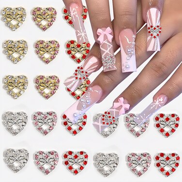 20 Pcs Valentine's Day Nail Charms for Acrylic Nails Crystals Diamond Heart with Bow Nail Rhinestones Design Heart Nail Gems Nail Jewelry Cute Nail Art Charms for Women Girls DIY Nail Decoration