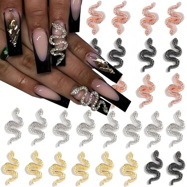 30 Pcs Snake Nail Charms Gold Sliver Black Snake Nail Rhinestones for Acrylic Nails 3D Snake Nail Charms Retro Nail Jewelry Accessories Nail Gems for Women Girls DIY Crafts Nail Art Decorations