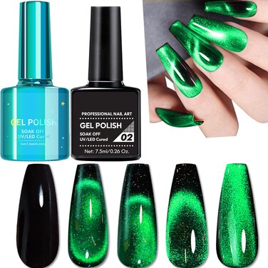 Green Cat Eye Nail Polish,2 PCS 12D Glitter Cats Eye Gel Polish Set Holographic Cateye Magnetic Nail Polish with Black Color Base Gel,Reflective Shimmer Nail Polish for Salon &amp; DIY at Home