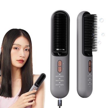 Cordless Hair Straightener Brush, Portable Wireless Ring Hair Straightener for Women Lightweight Travel Mini Ionic Hot Comb Straightening with Dual Voltage 3 Adjustable Temperature