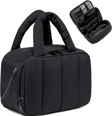 CAMTOP Travel Toiletry Bag for Women Travel Toiletry Organizer Lightweight Large Wide-open Makeup Bag Large Capacity Qulited Cosmetic Bag Puffy for Essentials Organizer (Black)