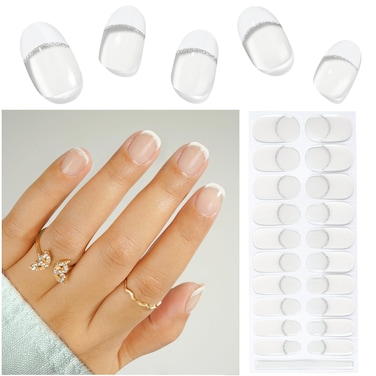 CANVALITE 20pcs Semi Cured Gel Nail Strips kit for Women,Gel Nail Wraps Soft Press-Ons(White French Tip),UV Gel Nail Stickers Required UV Light for Home Nail DIY Salon Quality Gel Polish Strips