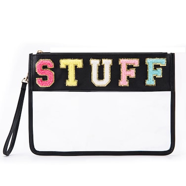 Clear Stuff Bag for Travel,Chenille Letter Sewn On Zipper Pouch, PVC&amp;PU Leather Cosmetic Bags,Sunscreen Bag, Toiletry Bag, Water-proof Makeup Bag For Women and Children, Gym, Beach (black)