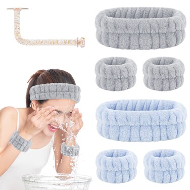 Face Wash Headband and Wristband Set of 2, Wrist Towels for Washing Face with Holder Microfiber Wristbands for Washing Face Absorbent Spa Wristbands Wrist Scrunchies Face Washing Wristbands