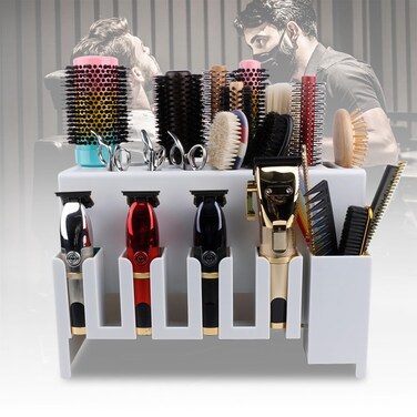 Hair Clipper Holder for Barbers, 13.38 x 8.85 x 6.14 Professional Wall-Mounted Salon Plastic Hair Cutting Tools Holder for Hair Clipper Combs Brush Clips Barber Accessories Organizer (White)