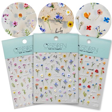 Flower Nail Art Stickers 3D Embossed Nail Decals for Nail Art Design Self-Adhesive Spring Summer Nail Accessories for Women Nail Art Supplies 3 Sheets