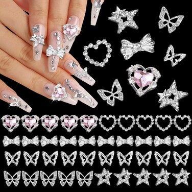 40 PCS 3D Silver Star Heart Nail Gems Charms Nail Charms, Alloy Butterfly Heart Nail Charms Star Pentagram Bow Bowknot Metal Nail Heart Diamond Nail Art Jewels Charms for Nail Art DIY Design