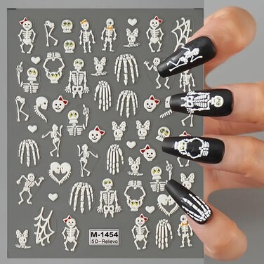 2 Sheets 5D Embossed Halloween Nail Stickers Decals Skeleton Nail Art Stickers Self-Adhesive Skulls Nail Design Decals Scary White Skull Nail Decals for Women Girls DIY Sliders Nail Decoration