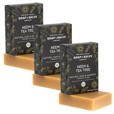 Chagrin Valley Soap &amp; Salve Neem &amp; Tea Tree Organic Soap &amp; Shampoo Bar &ndash; Soothe Dry, Itchy, Irritated Skin - Sulfate Free - For Body &amp; Hair Vegan Shampoo Natural, Large 5.6 oz Bar - 3PK