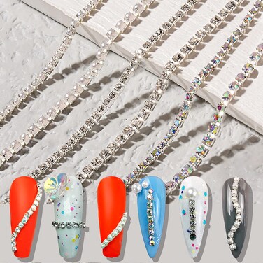 3D AB Rhinestone Chain Nail Art Studs Crystal Diamond Chain Pearl Chain Nail Decoration Metallic Chains Alloy Punk Pendant Ornaments for Nail Art Decoration &amp; DIY Crafting Design (6 Pcs)