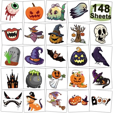148 Sheets Halloween Temporary Tattoos for Kids - Individual Halloween Pumpkin Skeletons Tattoos for Boys Girls Halloween Party Favors Treats Goodie Bag Fillers