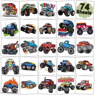 Monster Truck Temporary Tattoos for Kids Party Supplies - 74 Individually Sheets Monster Truck Tattoos for Boys Birthday Party Favors Goodie Bag Fillers