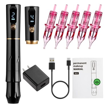 Charme Princesse Permanent Makeup Machine Tattoo Eyebrow Pen Makeup Rotary Machine Pen with 2 Battery 5pcs Cartridge Needles for Eyebrows,Eyeliners, Lips and Mts (Black) EK15-1-us