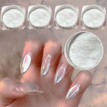 4pc Pearl Chrome Nail Powder Ice Transparent Chrome Powder for Nails, Rainbow Holographic Nail Chrome Powder(4pc white)