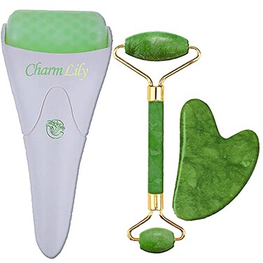 Jade &amp; Ice Roller + Gua Sha Massager Tool Set for Face &amp; Eyes, Puffiness, Reduce Wrinkle Aging, Migraine, Pain Relief on Neck &amp; Body, Cold Facial Original Natural Stone - 3 in 1