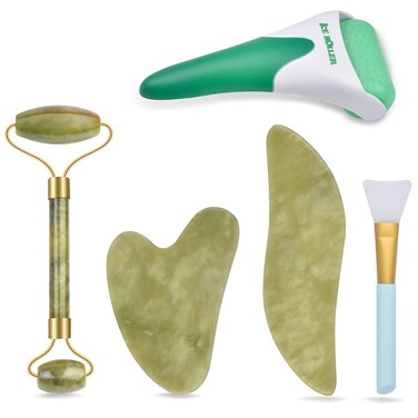6 in 1 Ice Roller &amp; Jade Roller and Gua Sha Set, Facial Massage Kits, Facial Roller Kit with Gua Sha Tool and Silicone Brush, Anti-Aging Jade Stone Massager for Face, Eyes, Neck Massage