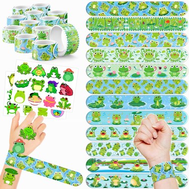 48 PCS Frog Party Favors 24PCS Tattoos Stickers 24PCS Slap Bracelets Wristbands Perfect for Themed Birthday Baby Showers or Classroom Rewards Ideal Decor and Gifts for Girls and Boys