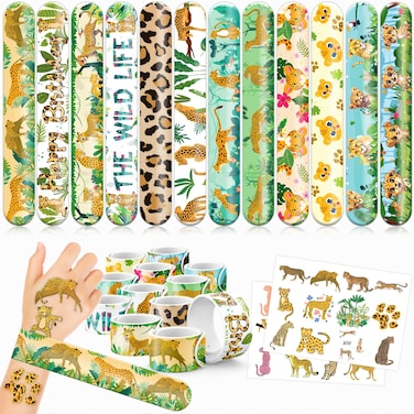 48 PCS Cheetah Party Favors 24PCS Tattoos Sticker and 24PCS Slap Bracelets Wristbands Perfect for Themed Birthday Baby Showers or Classroom Rewards Ideal Decor and Gifts for Girls and Boys