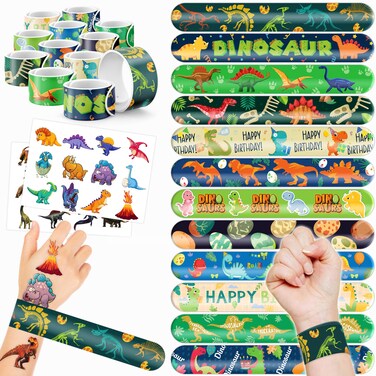 48 PCS Dinosaur Party Favors 24PCS Tattoos 24PCS Slap Bracelets Wristbands Perfect for Dino Themed Birthday Baby Showers or Classroom Rewards Ideal Decor and Gifts for Girls and Boys