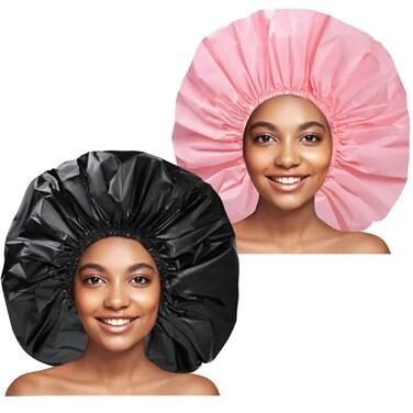 Extra Large Shower Cap 2 PCS Waterproof Shower Caps for Women, Super Jumbo Shower Cap, Reusable Super Large Bath Caps Hair Cap for Long Thick Curly Hair, Locs, Twist Braids - Black + Pink
