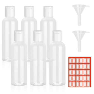 6 Pack 3.4 oz Travel Bottles for Toiletries TSA Approved Leakproof Plastic Empty Travel Size Bottles Containers Travel Essentials Accessories with Labels for Shampoo,Conditioner,Lotion-Clear