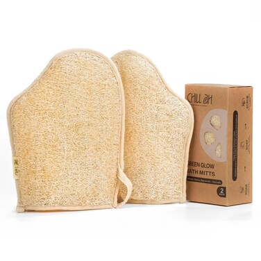 Chill Ah Green Glow All Natural Exfoliator Dual Sided Loofah Bath Mitts &ndash; 100% Plant-Based, Dye-Free, Biodegradable, Scratch-Free, Handcrafted in Vietnam (2-Pack)