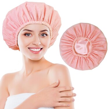 Shower Cap, Shower Cap Reusable Waterproof, Shower Caps for Women, Large Plastic Satin Lined Shower Cap for Braids Long Hair, Pink grid