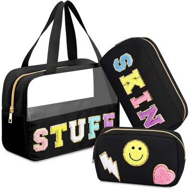3 Pieces Chenille Letter Patch Makeup Bag Nylon PVC Preppy Makeup Stuff Bag Cosmetic Bag Chenille Letter Bag Toiletry Storage Bag Waterproof Makeup Tote Bag for Women Purse Travel Gift (Black)