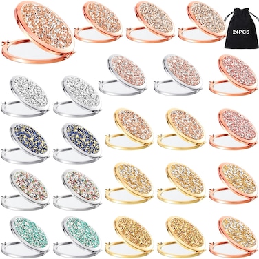 Cindeer 24 Pcs Small Compact Mirror Folding Pocket Makeup Round Hand Held Cosmetic Magnifying Compact Rhinestone Mirror with 1X/2X Magnification for Women Girls Travel (Mixed Colors)