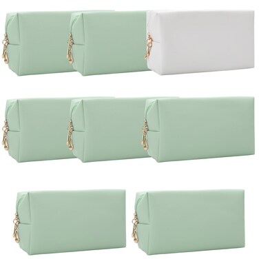 Bridesmaid Proposal Gifts Letter Cosmetic makeup bag bulk for Wedding Party Favors Bachelorette party decorations Toiletry Organizer Bag Makeup Case Gift (8, White&amp;Sage Green)