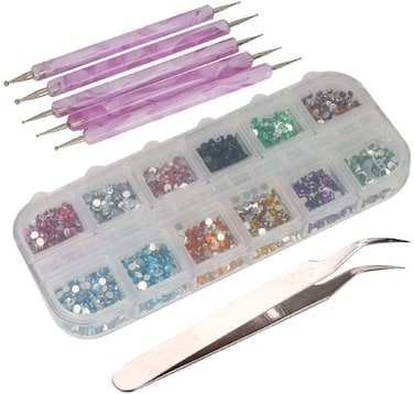 3000pcs 2mm 12 Color Nail Art Glitter Rhinestones Tips + 5 x 2 Way Marbleizing Dotting Pen + Tweezer