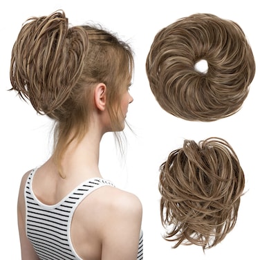 CJL HAIR Large Messy Bun Hair Piece Wavy Curly Scrunchies Synthetic Chignon Ponytail Hair Extensions Thick Updo Hairpieces for Women Brunette/Ash Blonde