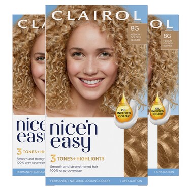 Clairol Nice'n Easy Permanent Hair Dye, 8G Medium Golden Blonde Hair Color, Pack of 3