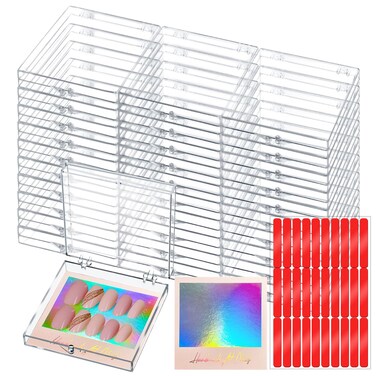 30Boxes + 30 Instruction Cards Large (8 x 8cm) Press On Nail Packaging Storage Box and 90pcs Adhesive Tabs - Acrylic Organizer Case for Artificial Nail for Nail Business Supplies