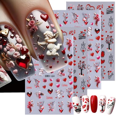 Valentines Day Nail Art Stickers Decals 5D Embossed Red Angel Heart Nail Stickers Lip Print Flower Nails Design Love Tree Cartoon Rose Nails Adhesive Decals Manicure Accessories for Women 4Pcs
