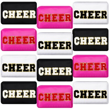 12 Pcs Cosmetic Cheer Bag Bulk with Chenille Letter Patches Gifts Nylon Makeup Bag Portable Toiletry Zipper Pouch for Cheerleader Women Travel Accessories(Bright Colors,Cheer)