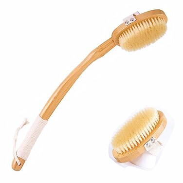 Body Brush Back Scrubber,18.7 inch Long Handle Detachable Body Brush with Dual Brushing Heads for Dry Brushing Shower, Bamboo Medium Firm Bristle Brush for Body Cellulite and Lymphatic (Beige)