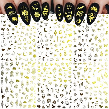 COKTAK 6 Sheets Flash Gold Nail Art Stickers Decals for Women Manicure, 3D Self-Adhesive Glitter Moon Star Metallic Nail Decals Stickers, Halloween Funny Golden Snake Lotus Flower Nail Decoration