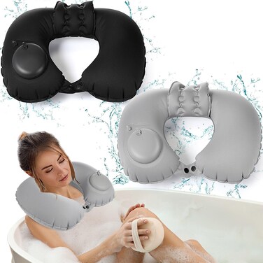 2 Pcs Inflatable Bath Pillows for Tub Bath Pillows for Head and Neck U Shaped Full Body Travel Neck Pillow with Adjustable Button Grey and Black Bath Tub Pillows for Shower Spa