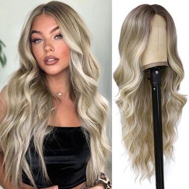 Colorful Quen 26 Inch Long Ash Blonde Wig for Women Ombre Blonde Highlight Wigs Middle Part Synthetic Lace Wig for Daily Cosplay Party Use