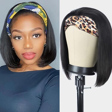 Headband Wigs Human Hair Half Wigs for Black Women Wear and Go Glueless Bob Headband Wigs Short Straight Wigs 150% Density No lace Headband wig Natural Color