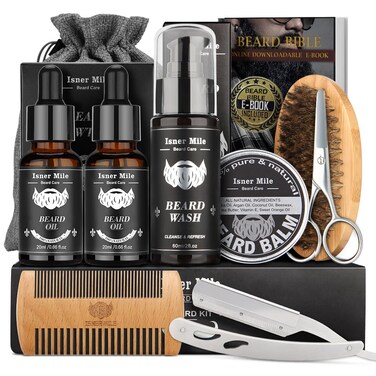 Isner Mile Beard Grooming Kit for Men Beard Care Kit with Beard Shampoo, Beard Oil, Balm, Brush, Comb, Scissors &amp; Storage Bag Father's Day, Christmas &amp; Birthday Gifts for Men Stocking Stuffers for Him