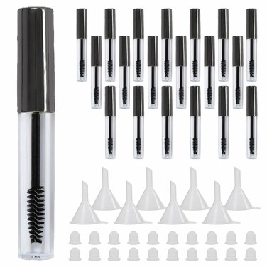 Comicfs 20 Pcs 4ml Transparent Reusable Empty Bottle Tube Container Makeup Vials Cosmetic Tool for Eyelash Growth Oil/Mascara with Rubber Inserts 8 Pcs Funnels (Black)