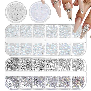 4 Boxes Flatback Rhinestones and Pearls Nail Charms Mix Nail Rhinestones Half Round Design Nail Gems Nail Pearls for Women Manicure Face Art Tumblers DIY Nail Art Decor