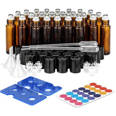 ComSaf 24 Pcs Roller Bottles for Essential Oils 10ml, Update Triple-Lock Seal Roll on Bottles Amber Perfume Glass Roller Balls for Essential Oils with Full Accessories